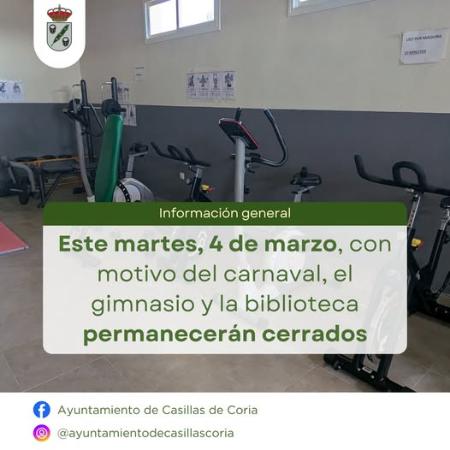 Imagen Gimnasio y la biblioteca municipal cerrados por carnavales