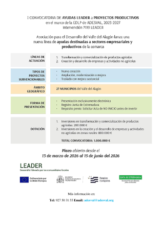 Imagen Del 13 de Marzo aI 15 de Junio - I CONVOCATORIA DE AYUDAS LEADER A PROYECTOS PRODUCTIVOS DE ADESVAL.